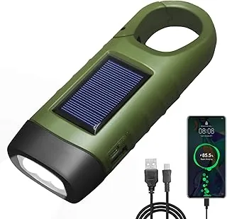 Latarka LED ładowana przez USB, latarka z dynamem do ładowania telefonu, latarka z korbą, latarka solarna z klamrą, do wędrówek, w sytuacjach awaryjnych, na zewnątrz, na kemping (zielona)