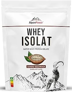 AlpenPower Whey Isolat białko w proszku czekoladowym 1 kg – 100% naturalne składniki, bez substancji słodzących – karmienie trawą – wysokiej jakości białko w proszku z najlepszego mleka alpejskiego