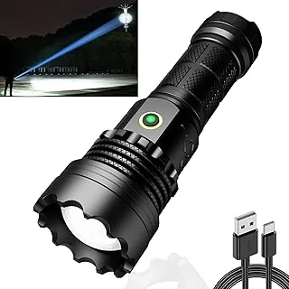 Taktyczna latarka LED, ekstremalny zasięg 3 km, bardzo jasna, 30 000 lumenów, mocna, zasilana bateriami, ładowana przez USB, wodoszczelność IPX67, 5 trybów świecenia na kemping, wędrówki, w sytuacjach awaryjnych (1 x akumulator 26650)