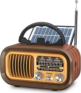 PRUNUS J-150 Radio przenośne retro, AM/FM/SW małe radio Bluetooth, na baterie 1200 mAh z akumulatorem lub bateriami D-Cell, z panelem słonecznym, radio na energię słoneczną, obsługuje USB/karty TF