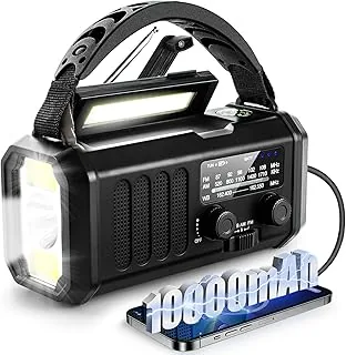 Awaryjne radio pogodowe 10 000 mAh, przenośne radio survivalowe FM/AM/NOAA zasilane bateryjnie i power bank, ładowarka solarna/korba/typ C, latarka, lampka do czytania, kompas,