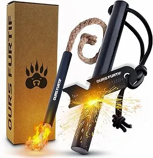 Zestaw Firesteel XXL - Kamień ognisty - 12 mm wysokiej jakości miękki magnezowy pręt - 20 000 zastosowań - Krzesiwo w zestawie + paracorda + kieszeń - Akcesoria kempingowe, Bushcraft, wędrówki