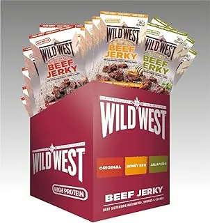 Wild West Beef Jerky, Mix Box 60 g, 12 szt. w opakowaniu z 4 oryginałami, 4 x Honey BBQ, 4 x jalapeno, wołowina, wołowina Jerky high Protein suszone mięso, przekąska proteinowa