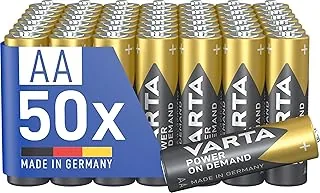 VARTA Baterie AA, opakowanie 50 szt., Power on Demand, Alkaliczne, 1,5V, pakiet do przechowywania, na akcesoria komputerowe, urządzenia Smart Home, Made in Germany