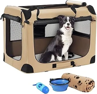 Petprsco Przenośna skrzynka dla psa, składana skrzynka podróżna dla psa 32 x 23 x 23 z miękkim kocem, składana miska i torba na odchody z dozownikiem, dla średnich i dużych psów