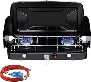 Camplux JK-8620-DE kuchenka kempingowa, 2-palnikowa, kompaktowa kuchenka gazowa z pokrywką, przenośna kuchenka gazowa do użytku na zewnątrz, 50 mbar, 2400 W, LPG