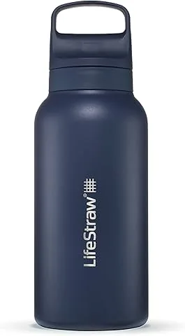 LifeStraw Seria Go – izolowana butelka z filtrem wody ze stali nierdzewnej do podróży i codziennego użytku, usuwa bakterie, pasożyty i mikroplastiki, poprawia smak, 1 l Morze Aegan