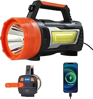 Reflektor ręczny LED, akumulator, z korbą ręczną, latarka, 7000 lumenów, 6 trybów, kabel USB, wodoszczelność IPX4, reflektor ręczny LED, ładowany, do użytku na zewnątrz, w sytuacjach