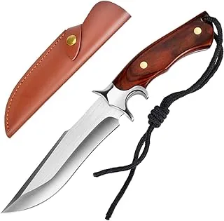 Nóż outdoorowy, stałe ostrze ze stali D2, nóż myśliwski z drewnianym uchwytem, nóż bushcraft, ostry, brązowy, survivalowy ze skórzaną pochwą, dla mężczyzn, na kemping, wędrówki, przygody