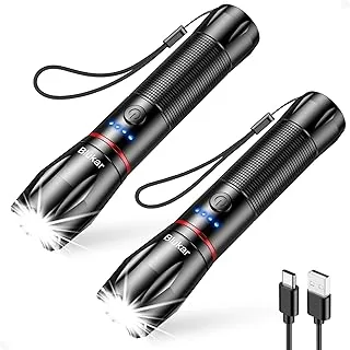 Blukar LED Latarka Ładowalna, 2 Sztuki Super Jasna Latarka z 5 Trybami, Regulowanym Ogniskowaniem, Wodoodporna do Campingu, Biegania, Spacerów z Psem, Przerw w Dostawie Prądu, Sytuacji Awaryjnych