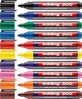 edding 300 markerów permanentnych, 10 kolorów, 10 pisaków, końcówka nabojowa, 1,5-3 mm, wodoodporna, szybkoschnąca, odporna na rozmazywanie, do kartonu, plastiku, szkła, drewna, metalu, szkła