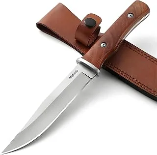 Nóż survivalowy Omesio Nóż myśliwski Nóż outdoorowy z skórzaną pochwą Nóż dżunglowy z ostrym ostrzem Wytrzymały, idealny do survivalu i biwakowania Drewniana rękojeść
