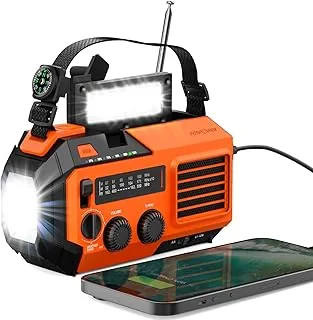FosPower Awaryjne radio pogodowe (model A6) NOAA/AM/FM z przenośnym powerbankiem 18500 mWh, ładowanie USB/słoneczne/korbą ręczną, zasilanie bateryjne, alarm SOS i latarka do awaryjnego użytku wewnątrz