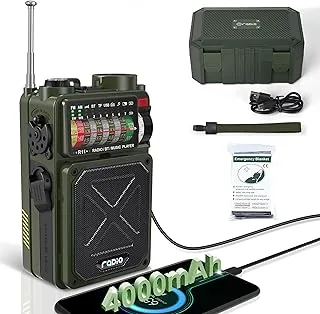 Emgykit NOAA Radio pogodowe 4000 mAh AM/FM/WB/SW radio awaryjne z Bluetooth, latarką, alarmem SOS, zasilane przez USB, korbą ręczną i energią słoneczną na kemping, w nagłych wypadkach