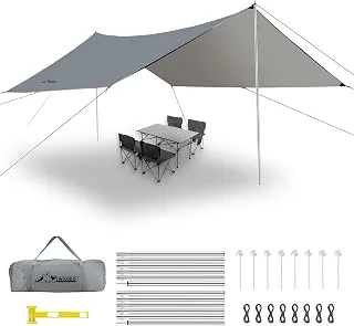 WADEO Plandeka z zestawem drążków, [3,6 x 4,8 m / 12 x 16 stóp] [świecące śledzie i młotek] wodoodporna, wytrzymała, ochrona przed promieniowaniem UV, osłona przeciwsłoneczna i przeciwdeszczowa