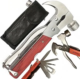 Retoo Młotek wielofunkcyjny 8 w 1, Wielofunkcyjny Multitool z szczypcami 16x9x3cm, składane narzędzie kieszonkowe ze stali nierdzewnej i drewna, prezent dla mężczyzn kobiet, nóż składany, scyzoryk