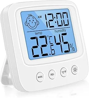 Vinabo cyfrowy termometr do higrometru wnętrza, higrometr wewnętrzny, cyfrowy termometr biurkowy z monitorem temperatury i wilgotności powietrza - podświetlenie - zegar