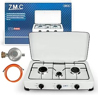 Z.M.C Kempingowa kuchenka gazowa z trzema palnikami, w zestawie wąż + regulator, gaz LPG, zoptymalizowany / dwa palniki każdy po 2,2 kW oraz palnik 1,0 kW, zużycie 393 g/h, 2 stopnie zużycia