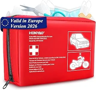 HONYAO Apteczka samochodowa, apteczka pierwszej pomocy zgodna z najnowszą normą DIN 13164, apteczka samochodowa do samochodu ciężarowego, przyczepy kempingowej, motocykla, domu, podróży, kempingu