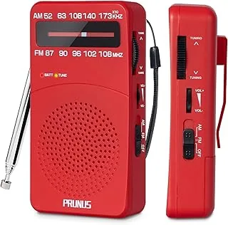 Prunus J-166 Radio AM/FM, zasilanie bateryjne, radio tranzystorowe z doskonałym odbiorem sygnału na całym świecie, średnie fale, wskaźnik zasilania, klips z tyłu i głośnik, na podróż, biwak, czerwone