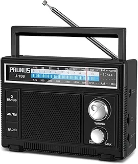 PRUNUS J-136 AM FM, małe radio, przenośne zasilane bateriami lub prądem AC, walizkowe z przyłączem AUX/mikrofon; proste dla seniorów.