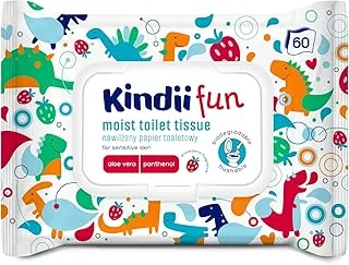 Kindii Fun Nawilżany Papier Toaletowy - spłukiwalny - dla dzieci - połączenie nawilżanego papieru i mokrej chusteczki - oczyszcza, odświeża okolice intymne - rumianek - aloes - neutralne PH - 60 sztuk