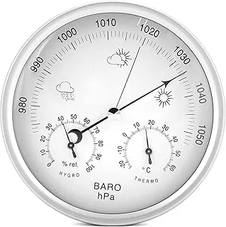 QWORK® 3w1 stacja pogodowa analogowa Ø14 cm, baro/termo/higrometr z obudową ze stali nierdzewnej, nie wymaga baterii