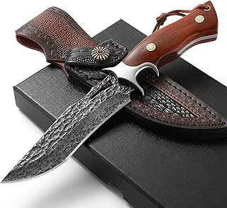 DRACHENADER Nóż survivalowy nóż do paska nóż myśliwski duży, bardzo ostry nóż bushcraftowy z pochwą z prawdziwej skóry, drewniana rękojeść