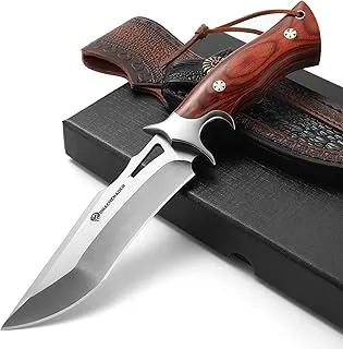 DRACHENADER Nóż survivalowy nóż do paska nóż myśliwski duży, bardzo ostry nóż bushcraftowy z pochwą z prawdziwej skóry, drewniana rękojeść