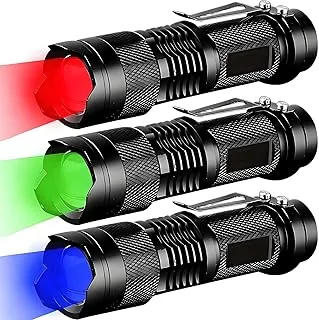 3 sztuki czerwono-zielono-niebieskiej świetlnej, jasne małe latarki, mini latarka LED, wysokie lumeny, latarka szpilkowa z 3 trybami, latarka zoomowa z klipsem, światło błyskowe do campingu, na