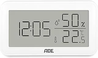 ADE Termometr z miernikiem wilgotności wewnętrznej, cyfrowy zegar łazienkowy z temperaturą, miernik wilgotności z czasem, higrometr do biura, pokoju dziecięcego, sypialni, łazienki, biały leżący