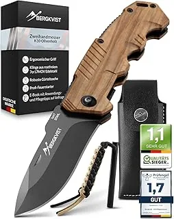 BERGKVIST® K10 nóż składany (nóż dwuręczny) - ostry nóż outdoorowy, survivalowy, myśliwski, ze stalą ogniową i osłoną na pasek, uchwyt z drewna oliwnego