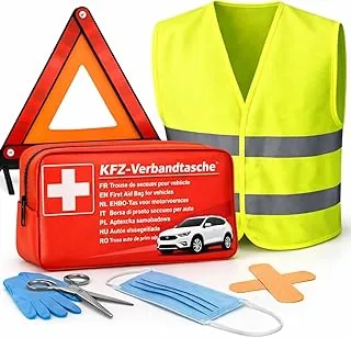 3 w 1 Zestaw samochodowy - apteczka samochodowa, kamizelka bezpieczeństwa, trójkąt ostrzegawczy - zestaw awaryjny i akcesoria wypadkowe do samochodów