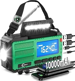 Esky 10000 mAh radio awaryjne, przenośne radio awaryjne AM/FM z powerbankiem, latarką, lampą do czytania, alarmem SOS i kompasem, ładowanie USB/słoneczne/korbą ręczną na kemping, na zewnątrz i przerwy