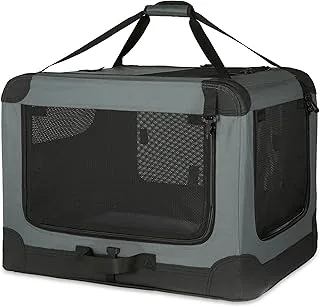 Amazon Basics Przenośny składany transporter podróżny z miękkimi bokami i 4 drzwiami, duży, dla kotów, psów, królików i innych małych zwierząt, szary, dł. 91cm x szer. 61cm x wys. 61cm