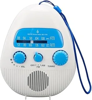 Sarini Wodoodporne bezprzewodowe radio FM do łazienki, przenośne radio prysznicowe AM FM, wbudowany głośnik, zasilanie bateryjne radio cyfrowe z paskiem do noszenia