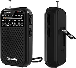 XHDATA D220 małe radio FM AM SW UKW retro, mini przenośne radio, radio na baterie (AA), odbiornik światowy z doskonałym odbiorem i głośnikiem, do użytku na zewnątrz, dla seniorów (czarne)