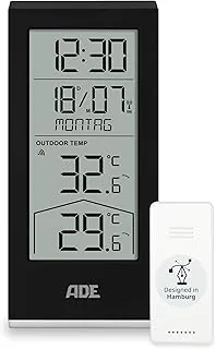 ADE Cyfrowa stacja pogodowa z czujnikiem zewnętrznym, termometr do temperatury wewnątrz i na zewnątrz, zegar radiowy i kalendarz z datą tygodnia, baterie w zestawie, kolor czarny