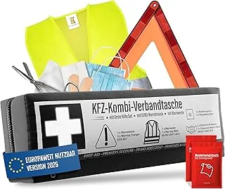 Zestaw pierwszej pomocy kombi (3 w 1) zgodnie z aktualną normą 2026 – W zestawie trójkąt ostrzegawczy, kamizelka odblaskowa – Zestaw pierwszej pomocy, trójkąt ostrzegawczy, apteczka samochodowa DIN