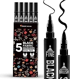 Zenacolor 5 Czarny permanentny marker tekstylny z podwójną końcówką do odzieży - Trwały marker tekstylny do personalizacji T-shirtów, toreb, czapek, płócien i tekstyliów