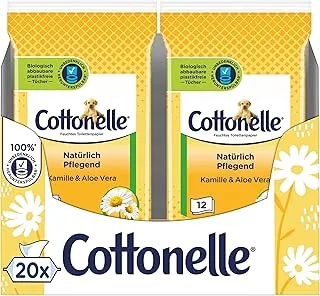 Cottonelle Wilgotny papier toaletowy do podróży, naturalnie pielęgnujący – rumianek i aloes, szybkie rozpuszczanie, 20 x 12 ściereczek, biodegradowalny
