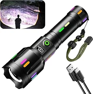 Skylla Latarka LED ładowana, bardzo jasna 500000 lumenów, z automatycznym młotkiem bezpieczeństwa, regulowana ostrość, wyjście USB, wodoszczelna, 6 trybów świecenia, na kemping, wędrówki, w sytuacjach