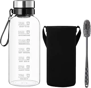 szklana butelka na wodę 1,5 l - 1500 ml, duża borokrzemowa butelka do picia ze szerokim otworem z oznaczeniem czasowym, rękawem, bez BPA