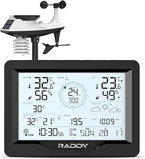 Raddy MN6 Lite stacja pogodowa z czujnikiem zewnętrznym, 5 w 1, wewnętrzny termometr zewnętrzny, monitor temperatury i wilgotności powietrza z zegarem atomowym DCF, prognoza pogody, prędkość wiatru,