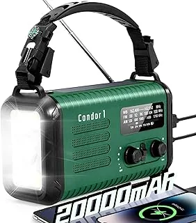 Radio korbowe awaryjne, 20000 mAh / 74000 mWh solarne radio pogodowe z korbą ręczną z NOAA/AM/FM, radio zasilane bateriami z ładowarką do telefonu komórkowego, lampą do czytania, latarką i SOS w