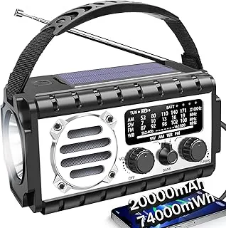 QAUYYW Radio awaryjne, pogodowe 20000 mAh/74000 mWh, solarne korbowe z alarmem pogodowym AM/FM/NOAA/SW, latarka i lampa do czytania, alarm SOS, ładowarka do telefonu