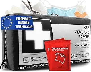 Apteczka samochodowa zgodna z normą 2025, w zestawie chusteczki do sztucznego oddychania– apteczka pierwszej pomocy może być używana w całej Europie, DIN 13164:2022