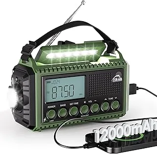 Mesqool radio korbowe z powerbankiem 12000mAh, radio AM/FM/SW awaryjne z odbiornikiem światowym, latarka i światło do czytania, przenośne radio kempingowe z łącznikiem typu C, radio dynamo z alarmem