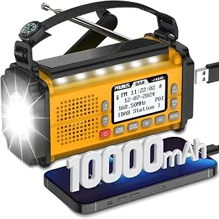 PRUNUS J-924 DAB przenośne radio słoneczne FM, radiolina z korbą dynamo z baterią 10000 mAh, radio z baterią z latarką i światłem do czytania, alarmem SOS do Ourdoor, awaryjnego (żółty)