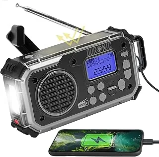 Duronic SDAB1 Radio solarne z dynamem awaryjne pogodowe am fm dab USB A i C do plecaka ewakuacyjnego małe i przenośne z latarką powerbank do telefonu